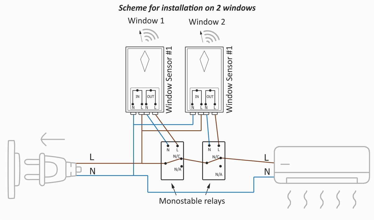 Monostable relay scheme Window Sensor W1 on 2 windows