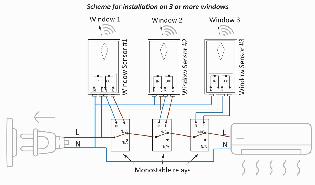 Monostable relay scheme Window sensor W1 on 3 or more windows