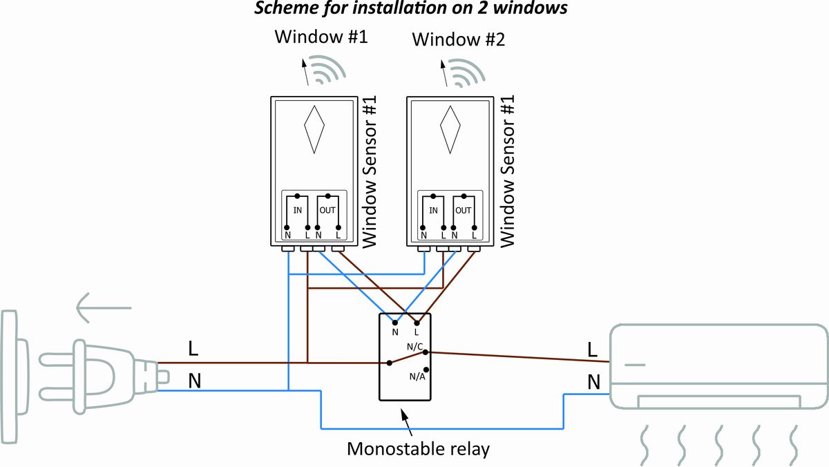 Monostable relay scheme Window Sensor W2 on 2 windows