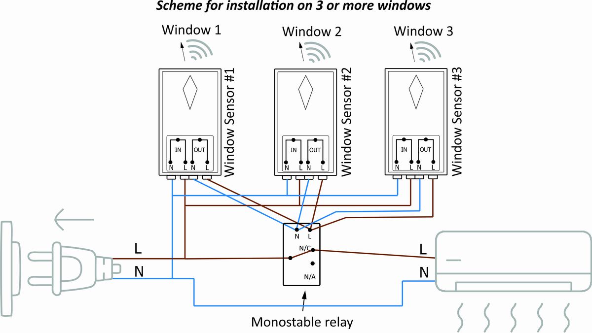 Monostable relay scheme Window sensor W2 on 3 or more windows